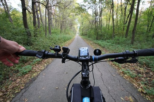 A person riding an electric bike through trees